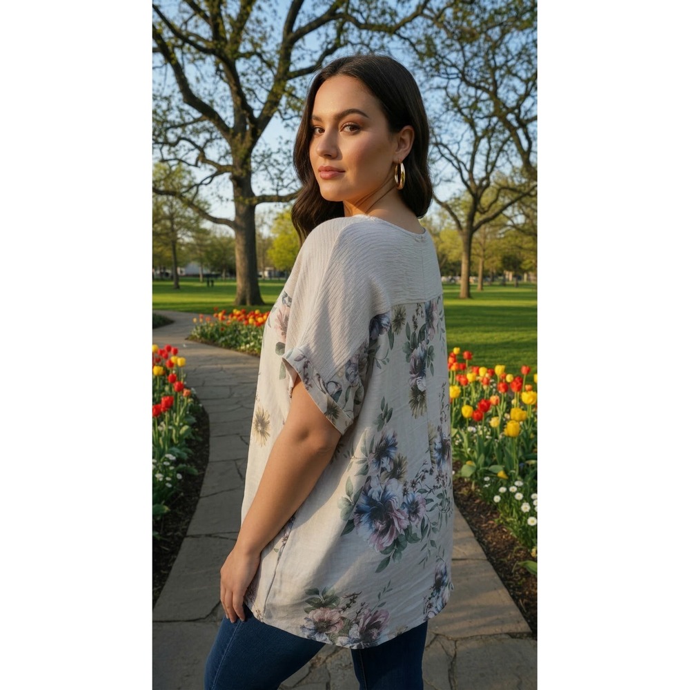 Lungo Larno Made in Italy Tan Floral Linen Cotton Cap Sleeve Top Sz 2X Resort